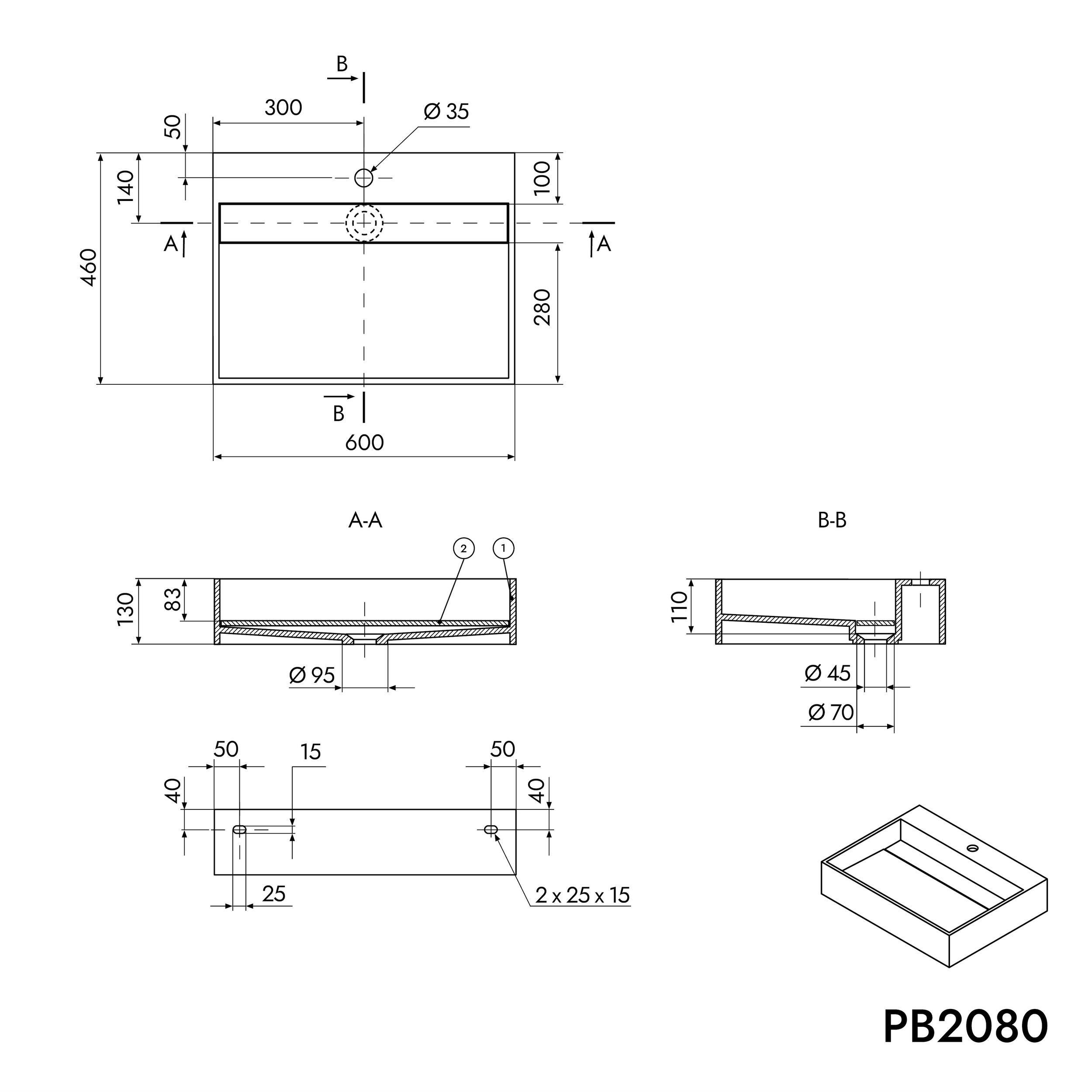 Lavabo mural PB2080 en fonte minérale