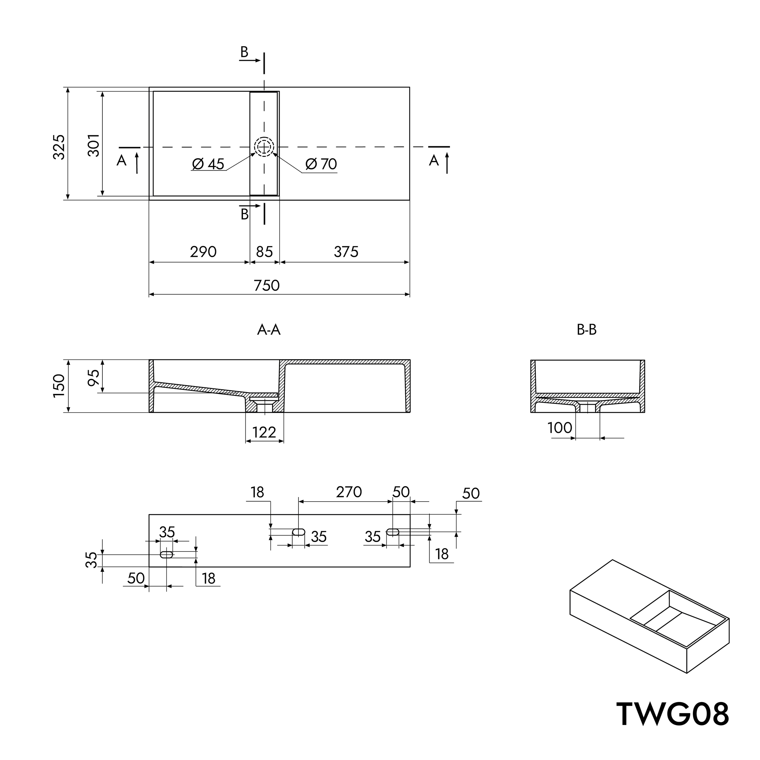 Lavabo mural TWG08 en fonte minérale