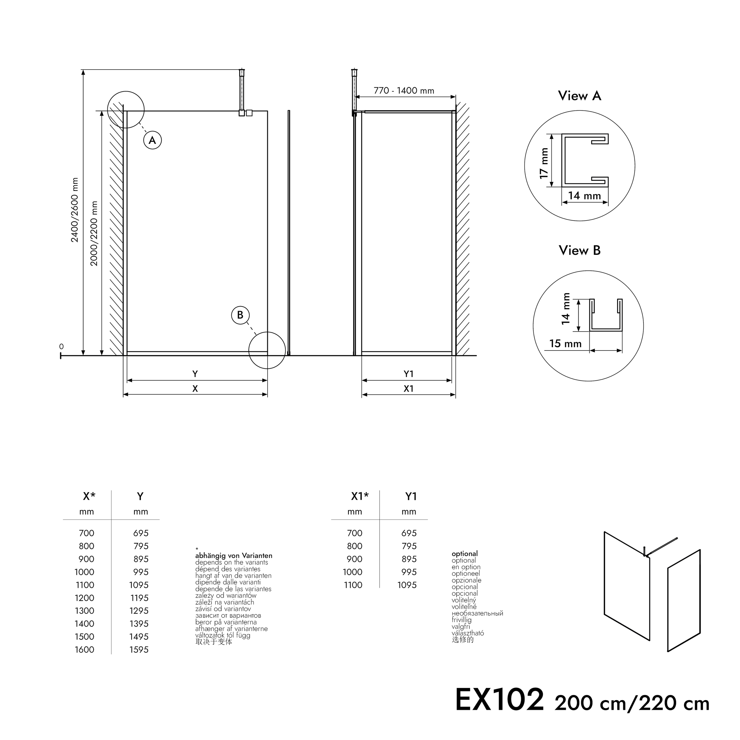 Paroi de douche à l'italienne EX102-2 - Verre nano gris 10 mm