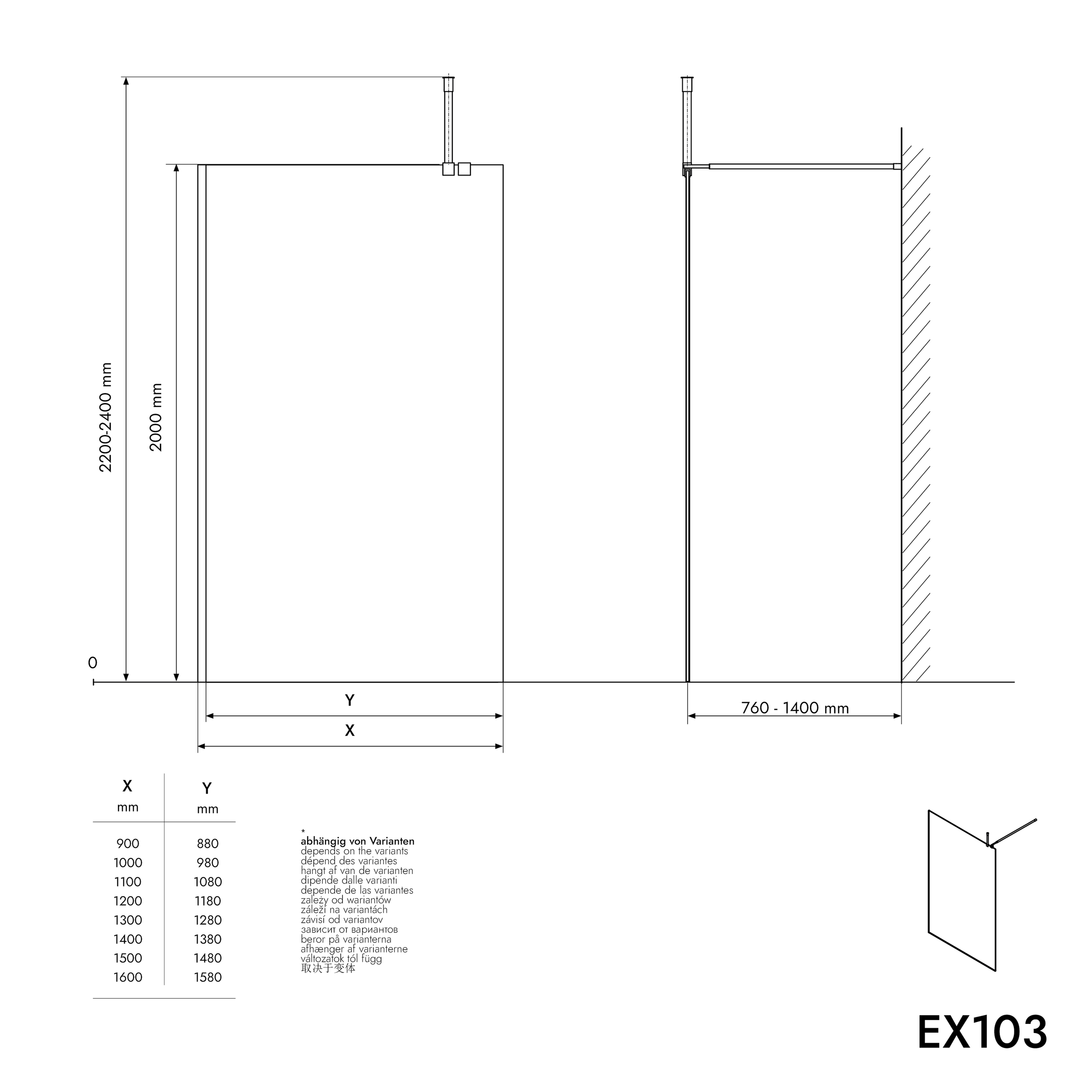 Paroi de douche à l'italienne 10 mm Super White Glass EX103