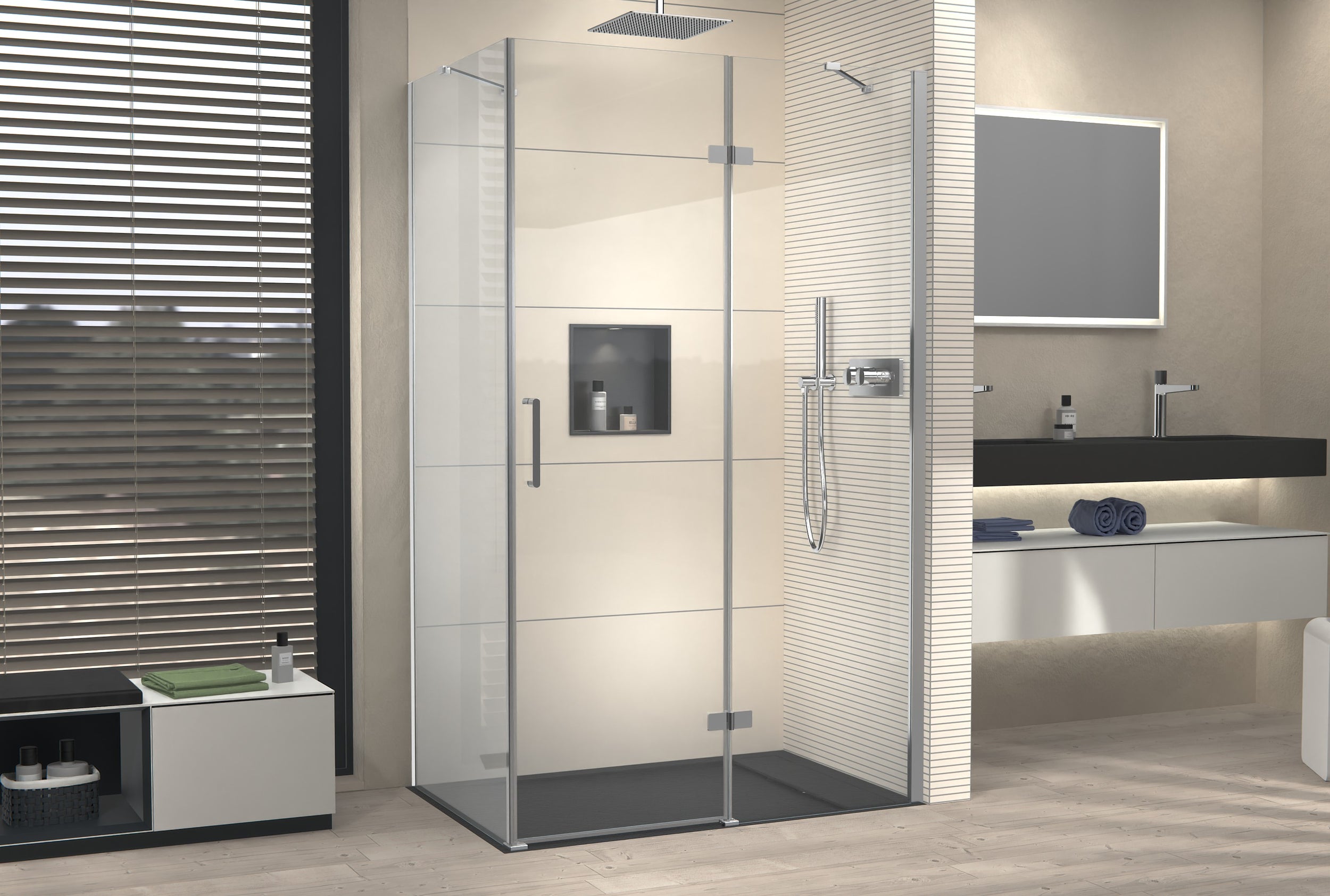Cabine de douche d'angle avec porte pivotante sur panneau fixe NT403
