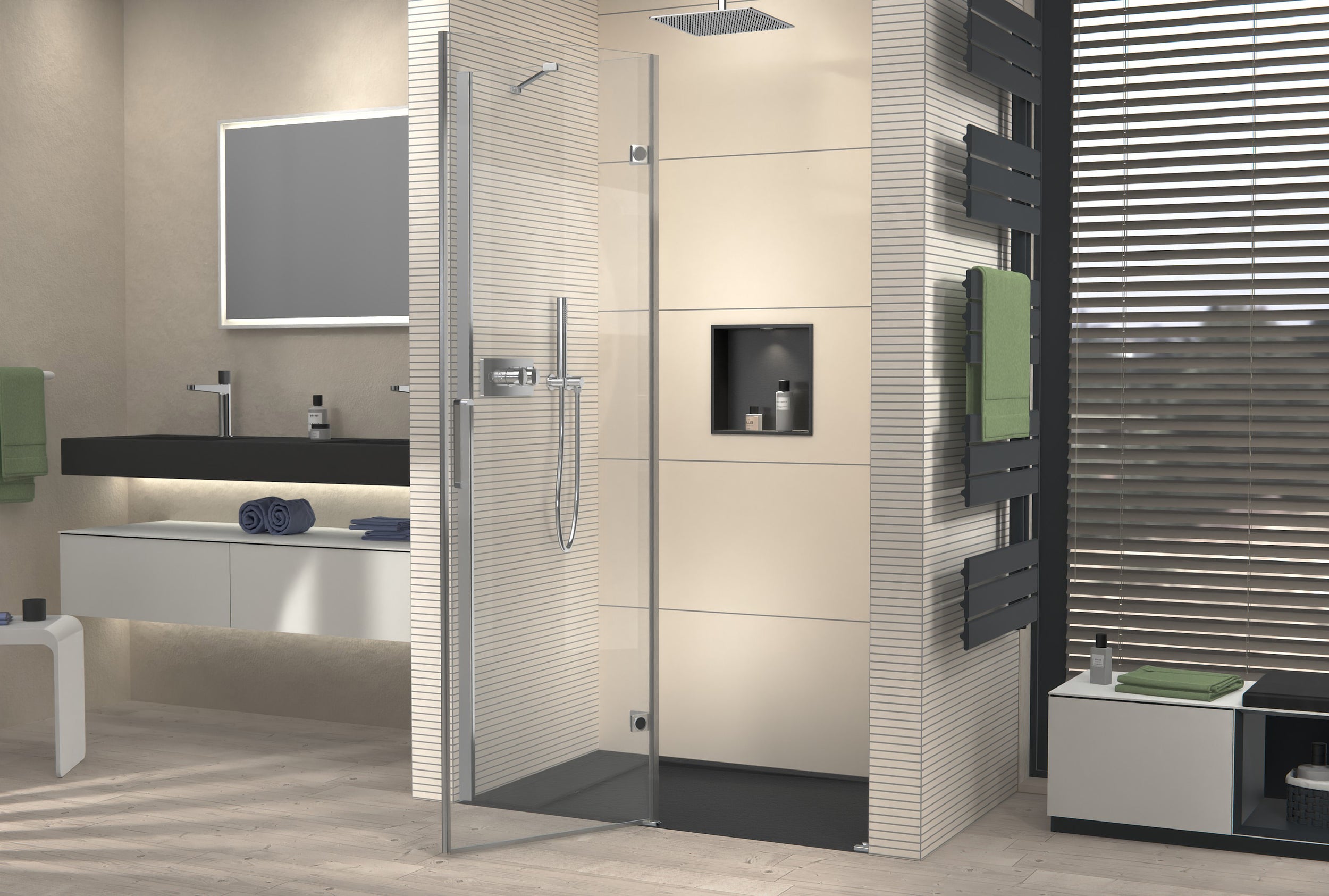 Douche en niche avec porte pivotante sur panneau fixe NT403