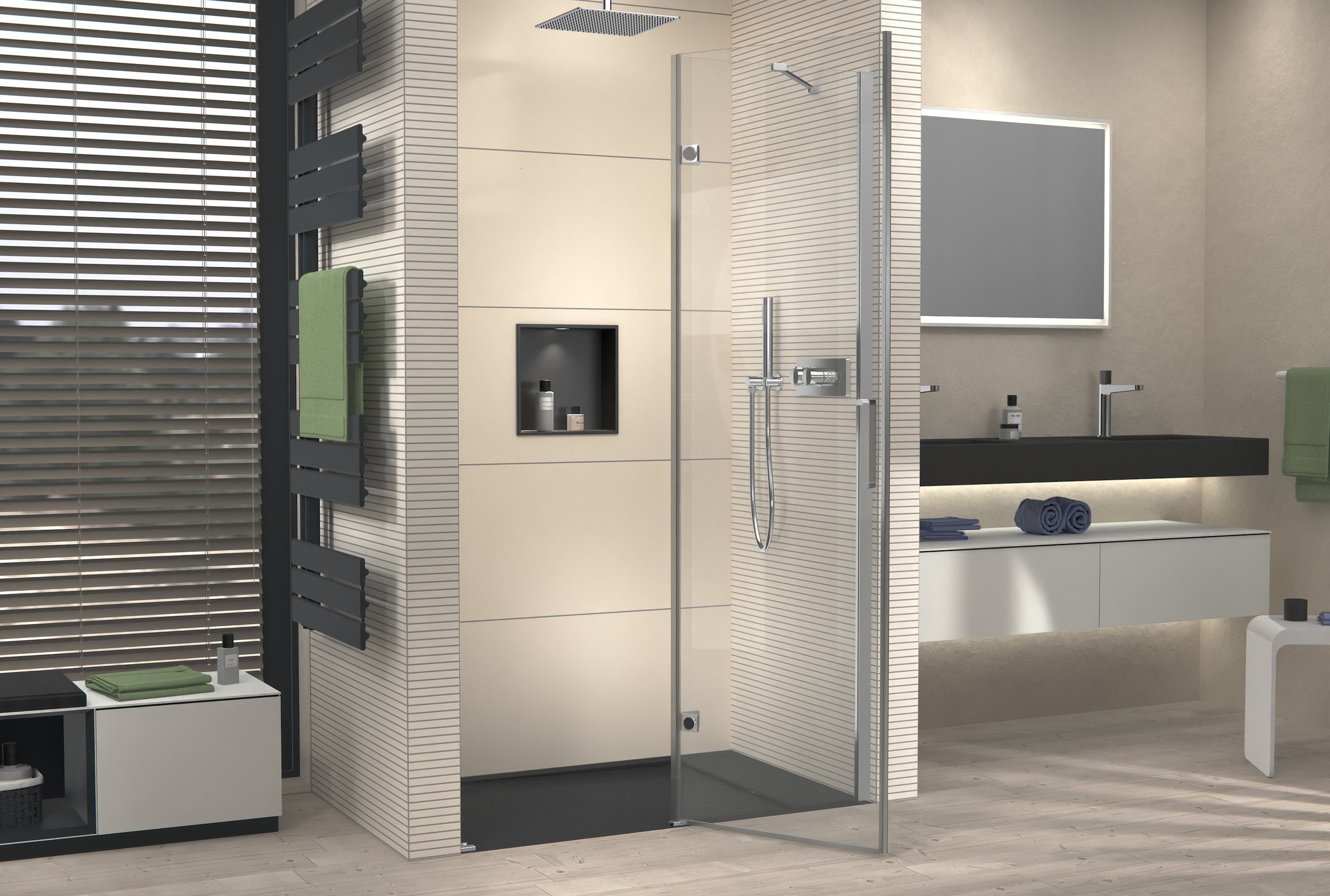 Douche de niche avec porte pivotante sur panneau fixe NT403