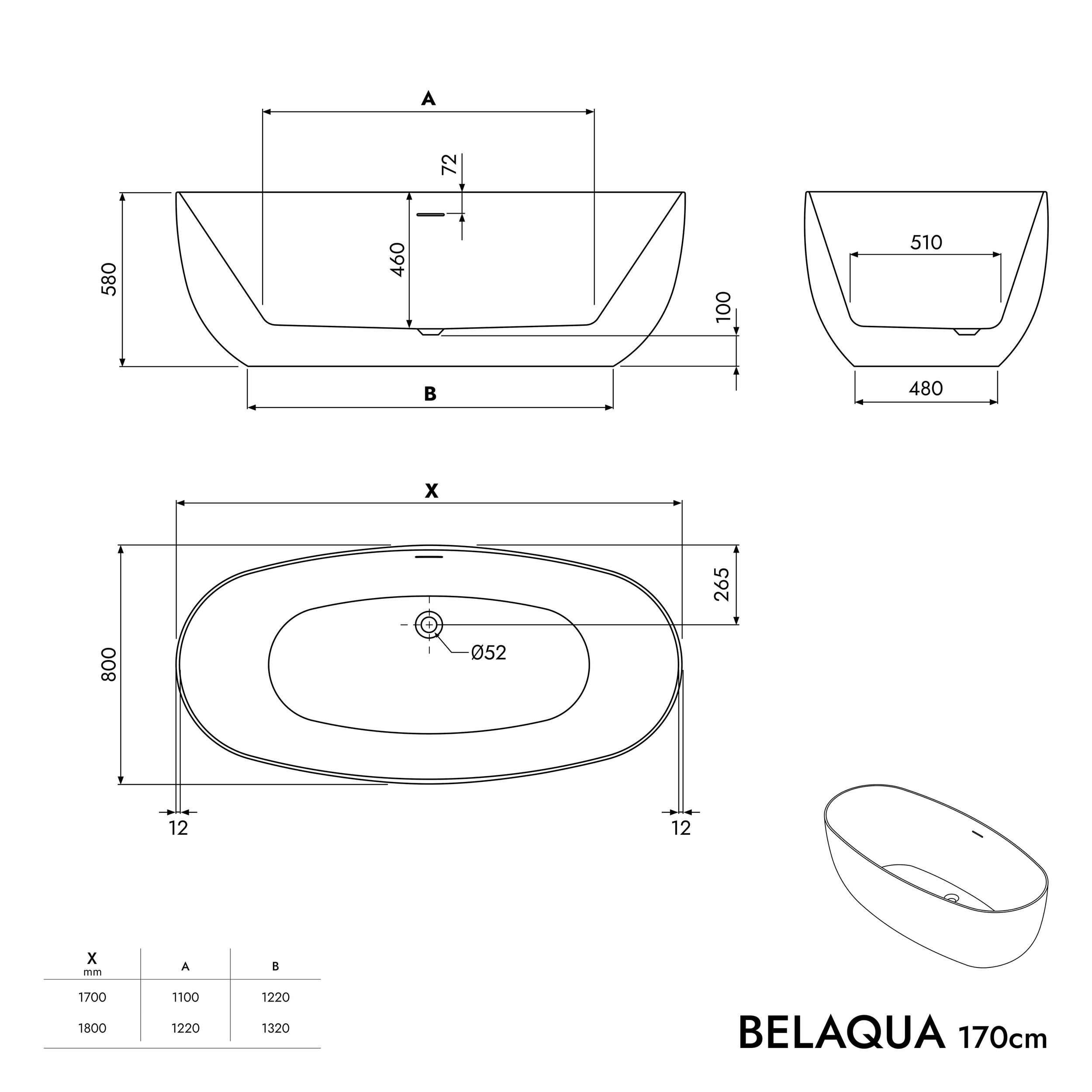 Baignoire îlot BELAQUA 2.0 acrylique blanc brillant - 180 x 80 x 58 cm