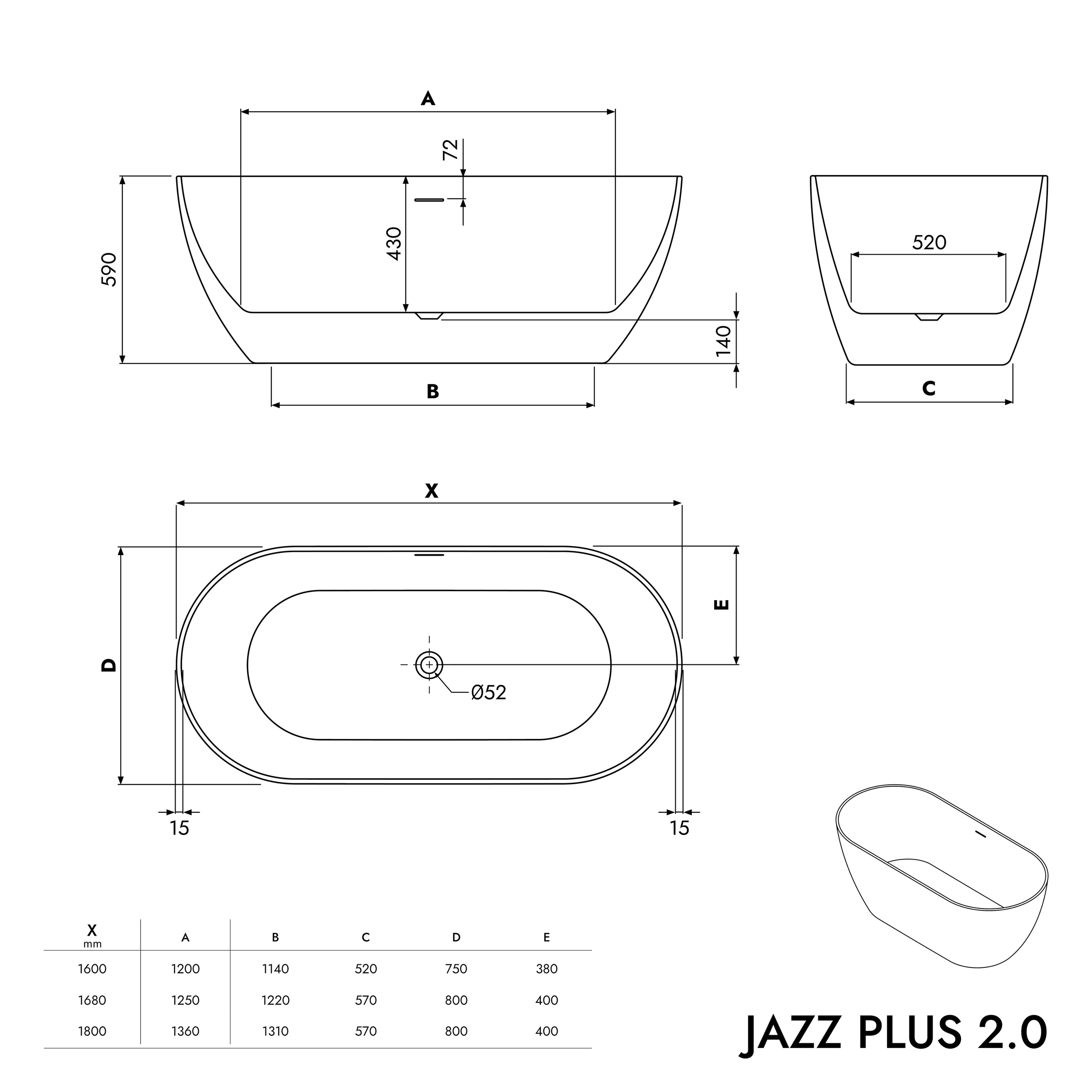 Baignoire îlot JAZZ PLUS 2.0 acrylique blanc mat - dimensions au choix