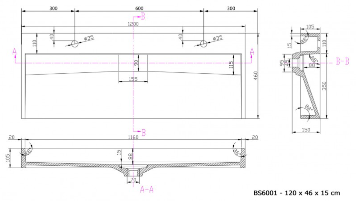 Vasque BS6001 en marbre artificiel blanc - montage mural ou à poser - largeur 120 cm