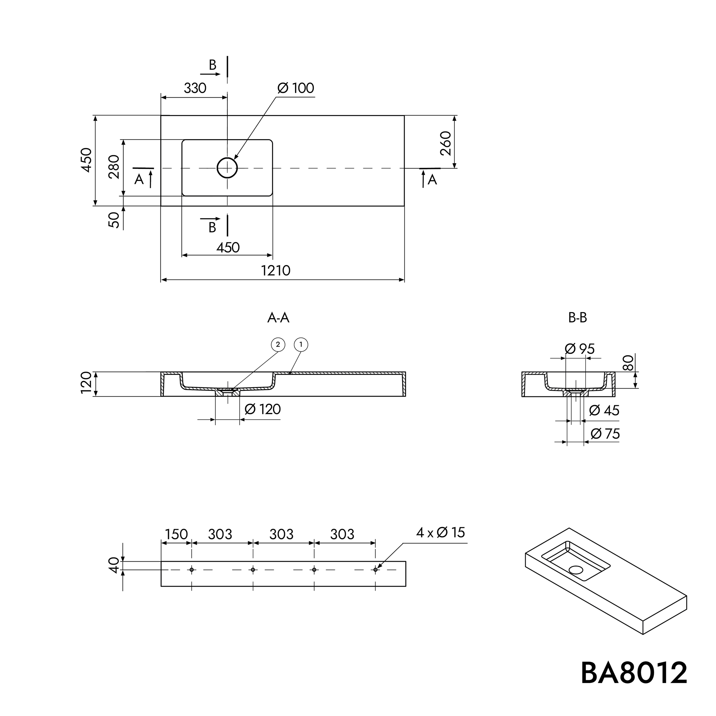 Vasque murale BA8012 en fonte minérale