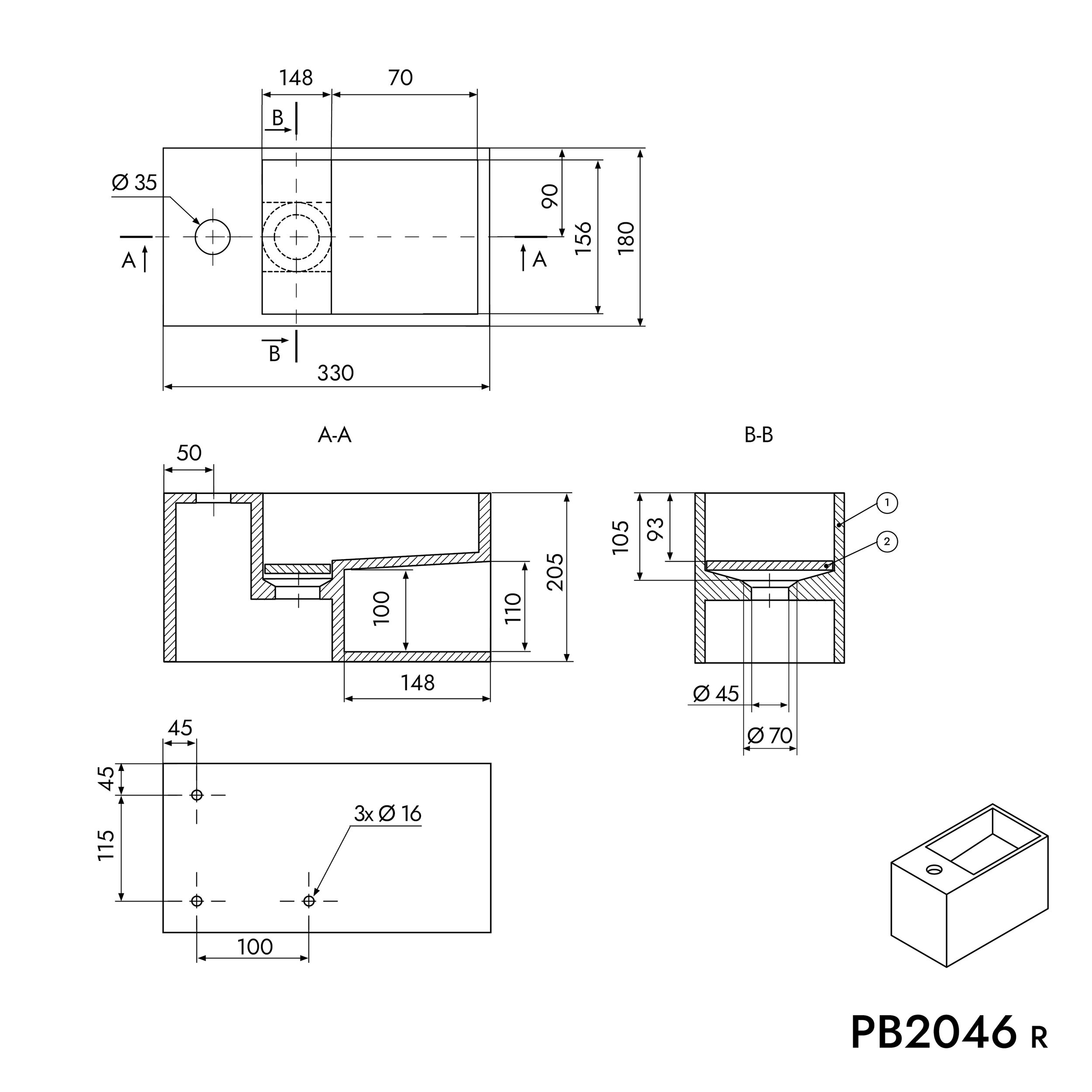 Vasque murale PB2046 en fonte minérale blanc mat - 33 x 18 x 20,5 cm - compartiment de rangement à droite