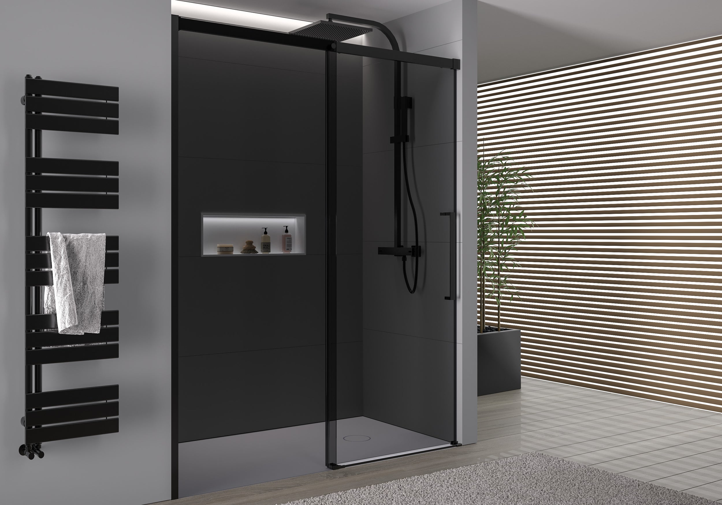 Paroi de douche en niche DX906 FLEX - Porte coulissante Soft-Close Noir mat - Largeur au choix