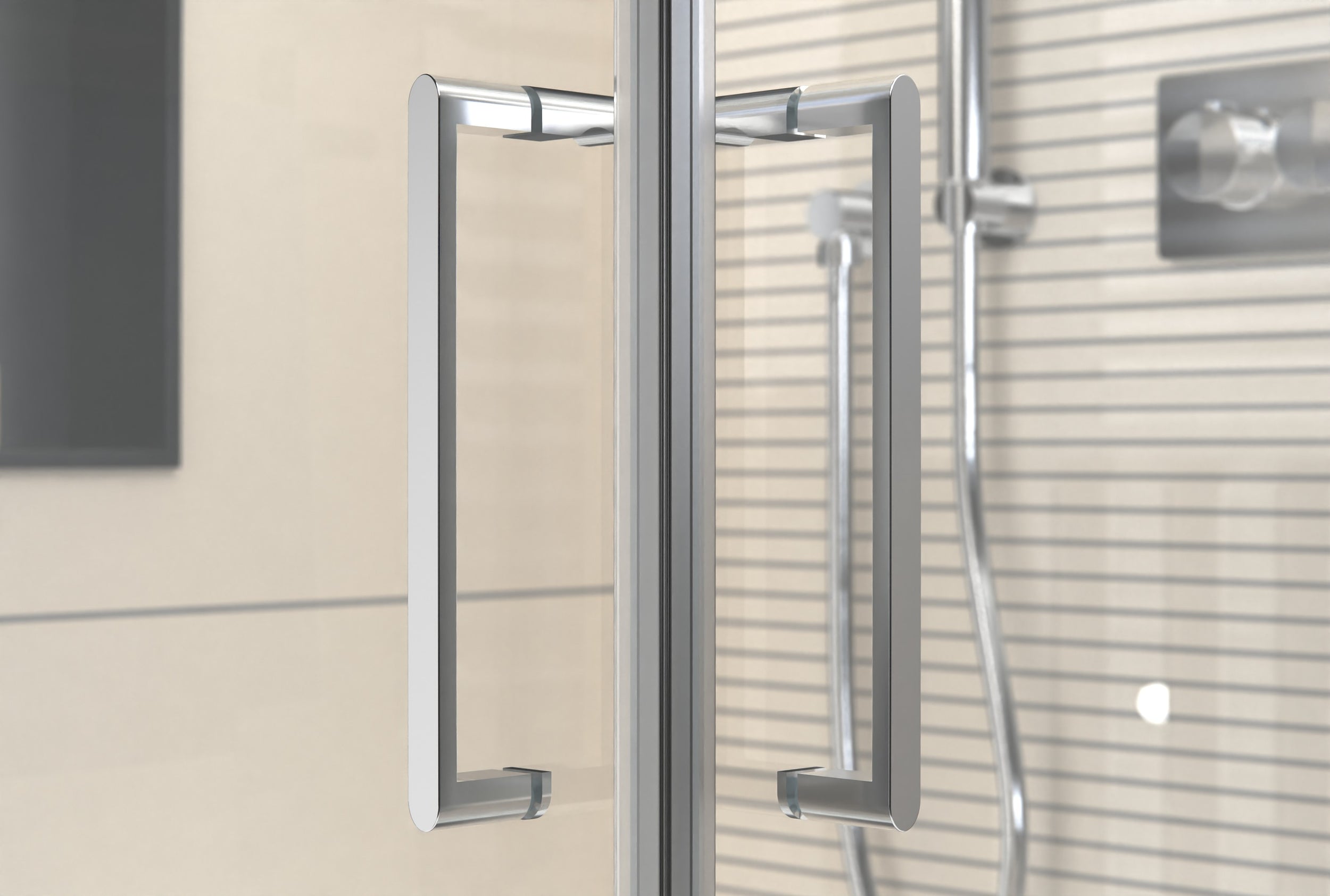 Douche d’angle avec deux portes battantes sur panneau fixe NT407