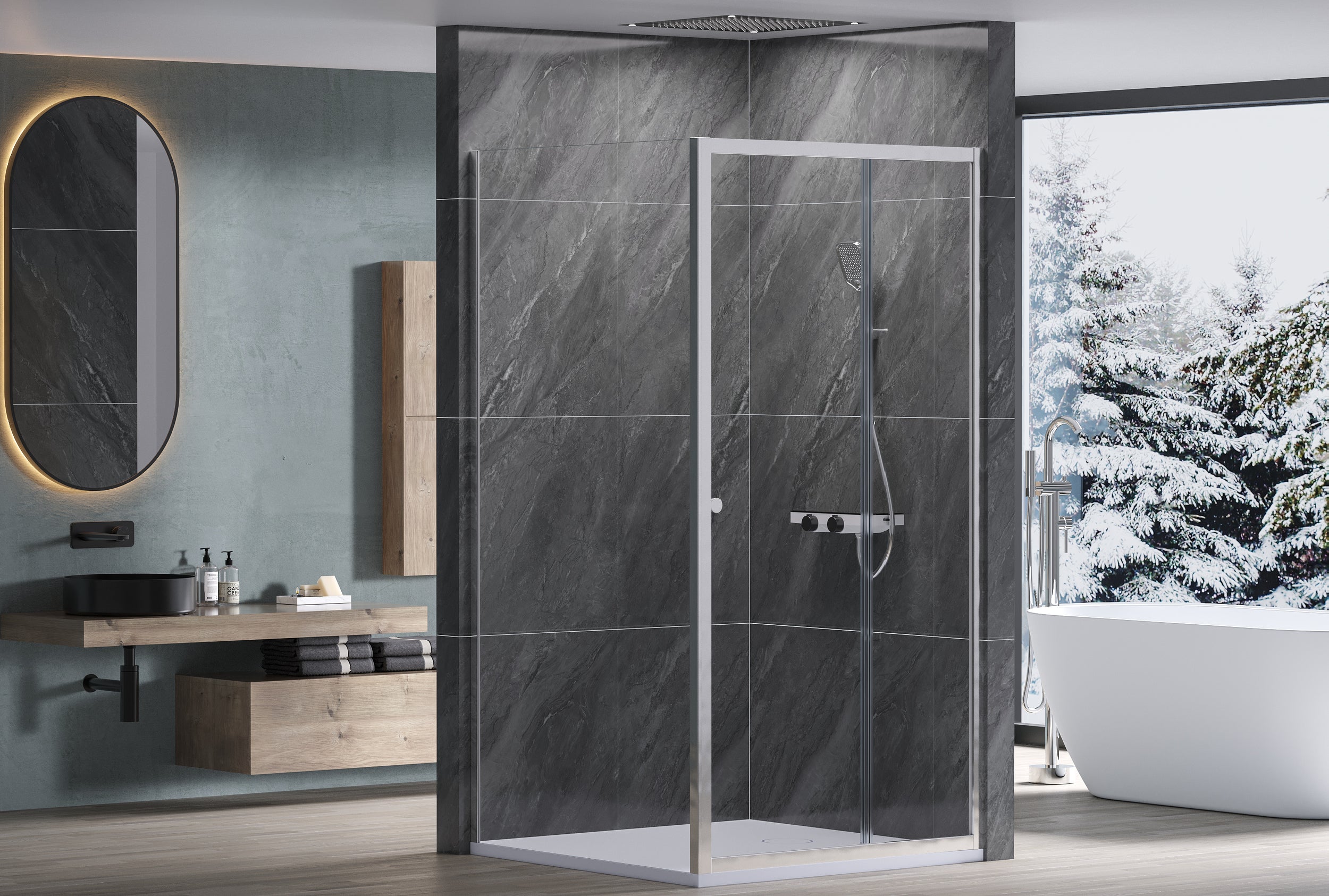 Paroi de douche d'angle avec un élément fixe et une porte coulissante NT504 - verre transparent 6mm - largeur sélectionnable