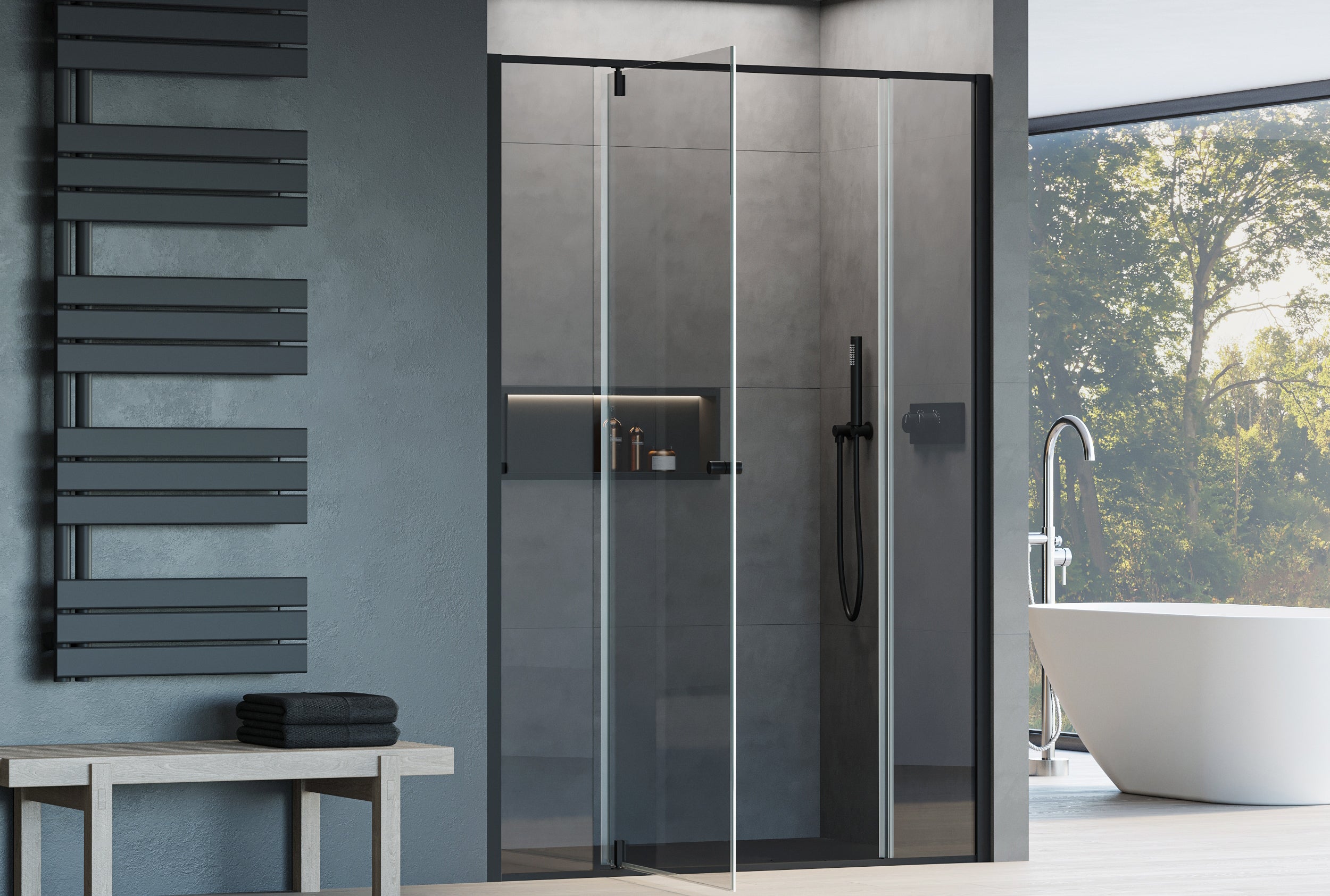 Paroi de douche en niche avec porte pivotante NT607 FLEX - Verre Nano 6 mm  - Couleur et largeur au choix