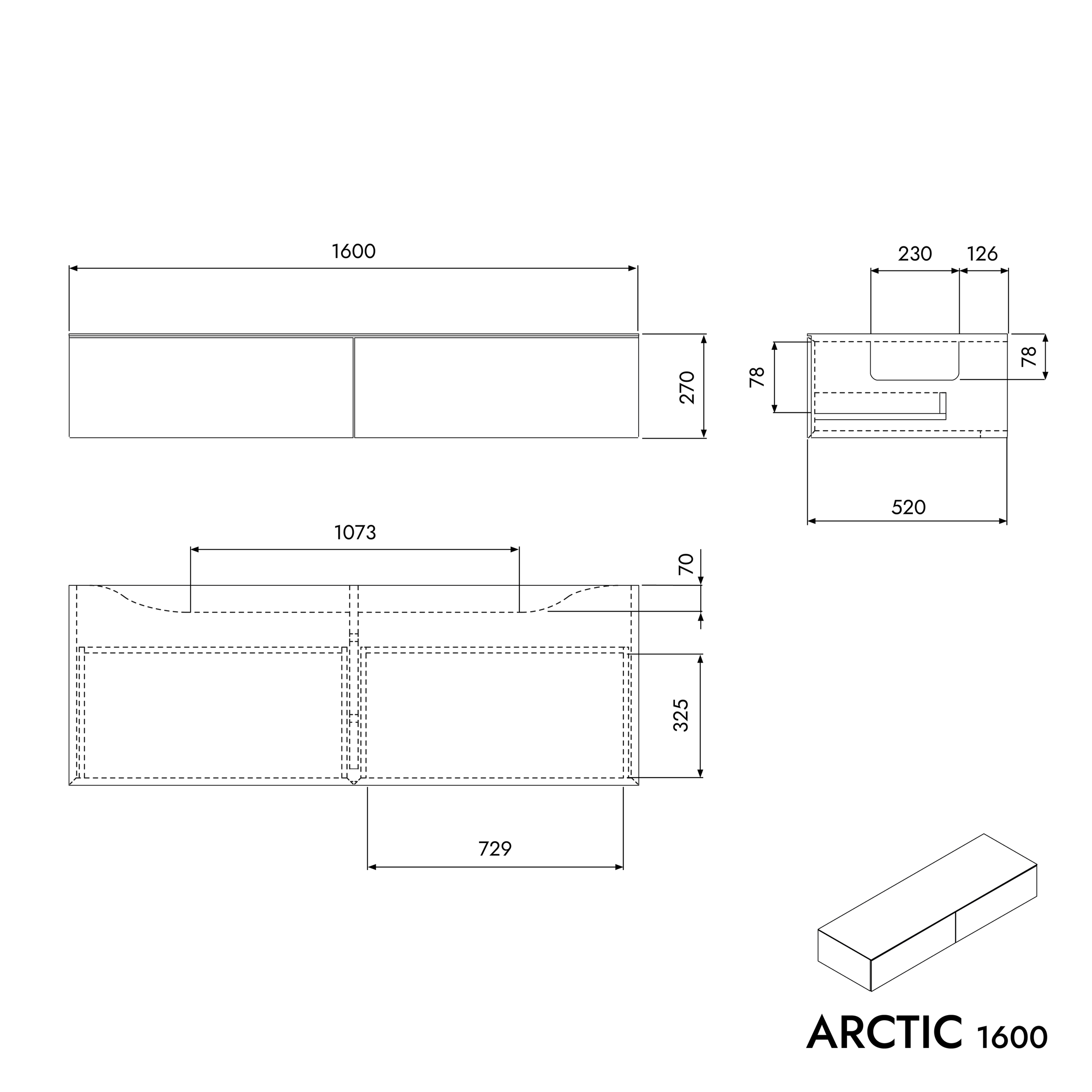 Meuble sous-vasque ARCTIC 1600 blanc Softtouch pour vasque à poser