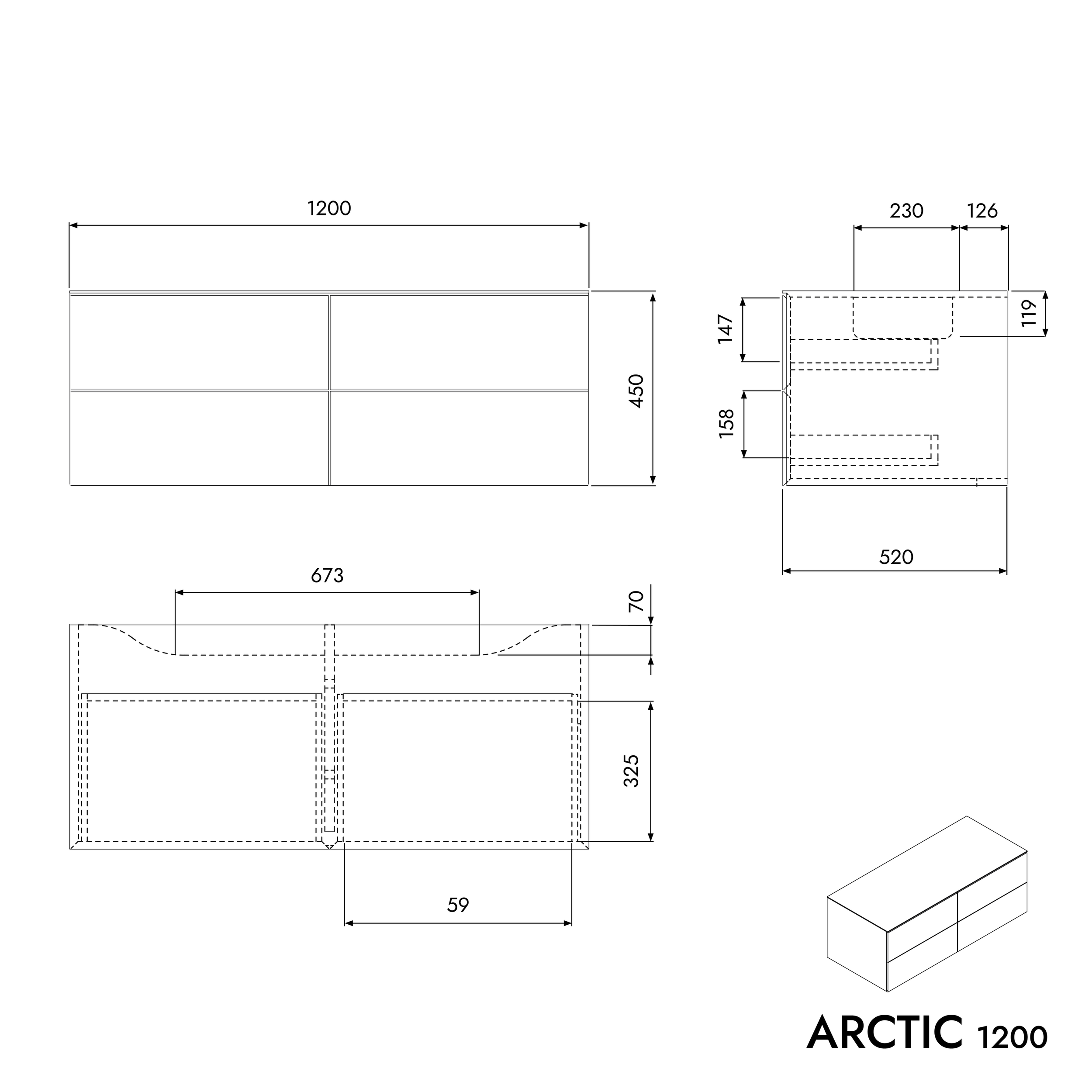 Meuble salle de bain ARCTIC 1200 blanc - pour vasque à poser - finition Softtouch - 4 tiroirs