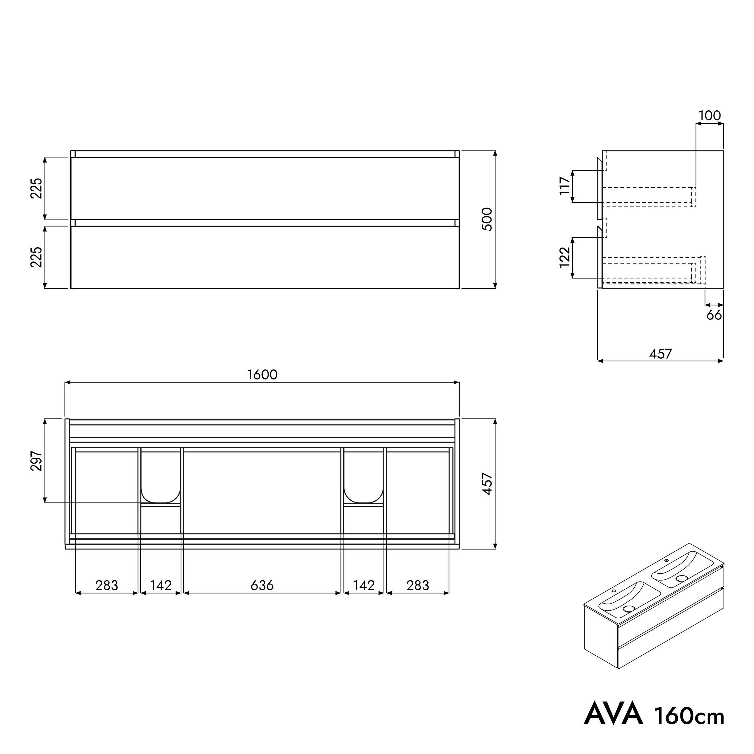 Meuble salle de bain AVA 160 cm - avec vasque en fonte minérale CREAM - couleur au choix