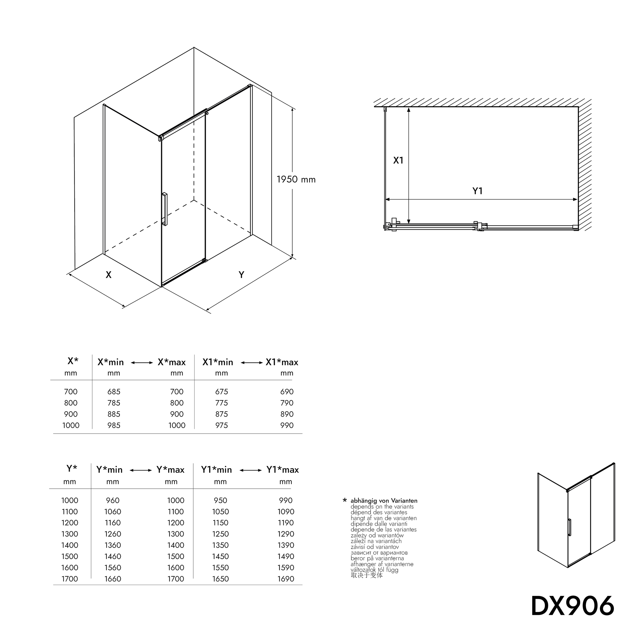 Paroi de douche DX906 FLEX -  porte coulissante noir mat - dimensions au choix