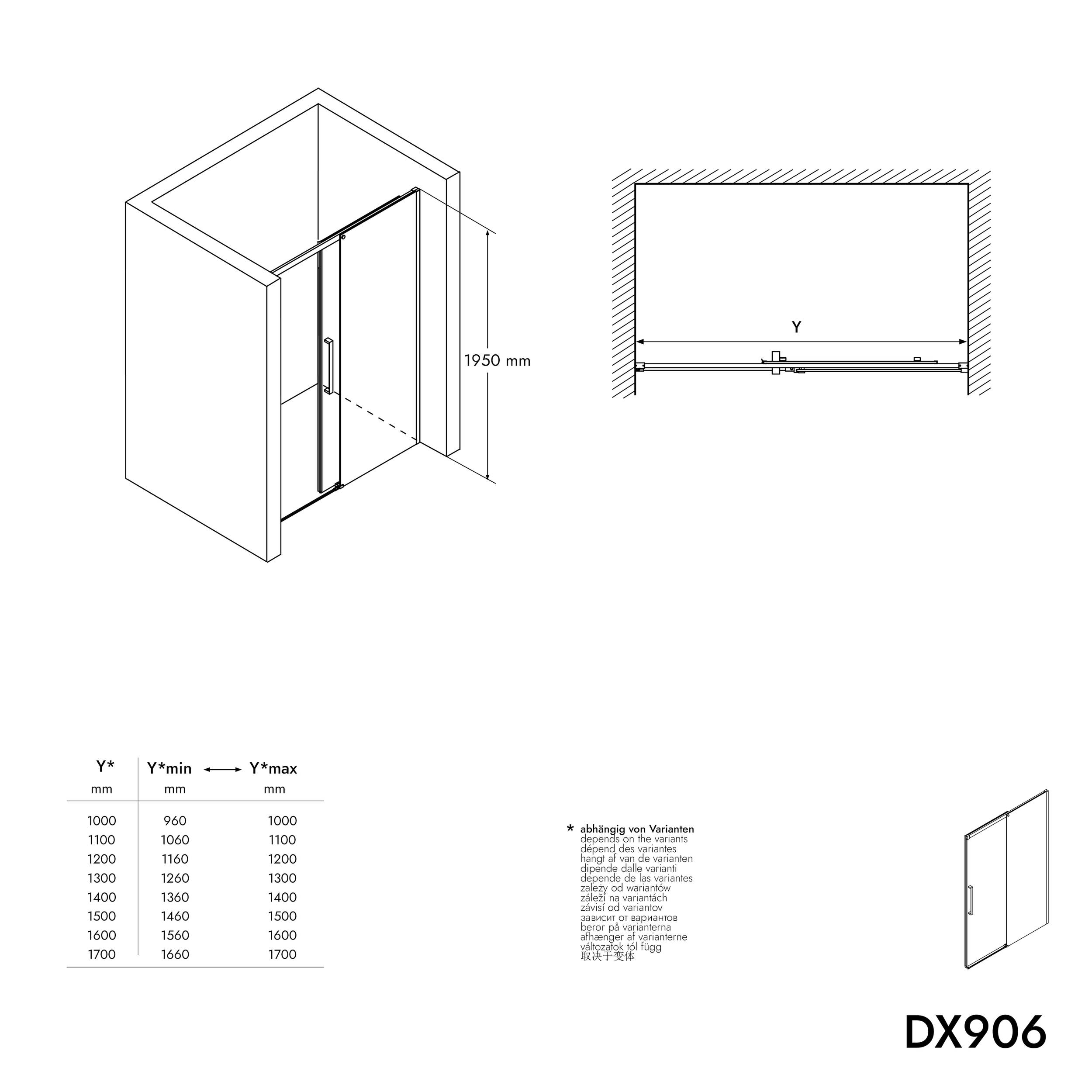 Paroi de douche en niche DX906 FLEX - Porte coulissante noir mat - Largeur au choix