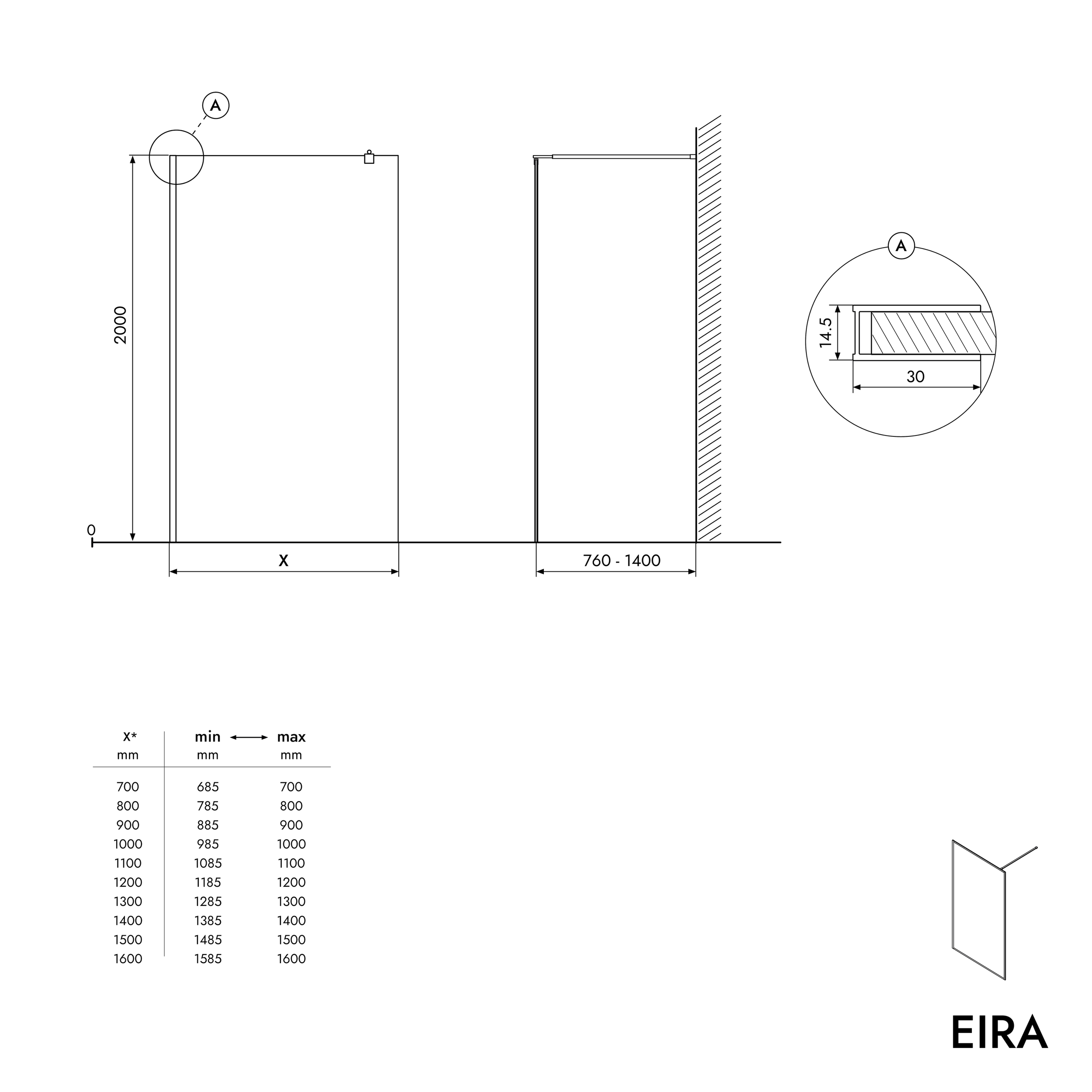 Walk-In Dusche EIRA - Klarglas 8 mm und 10 mm