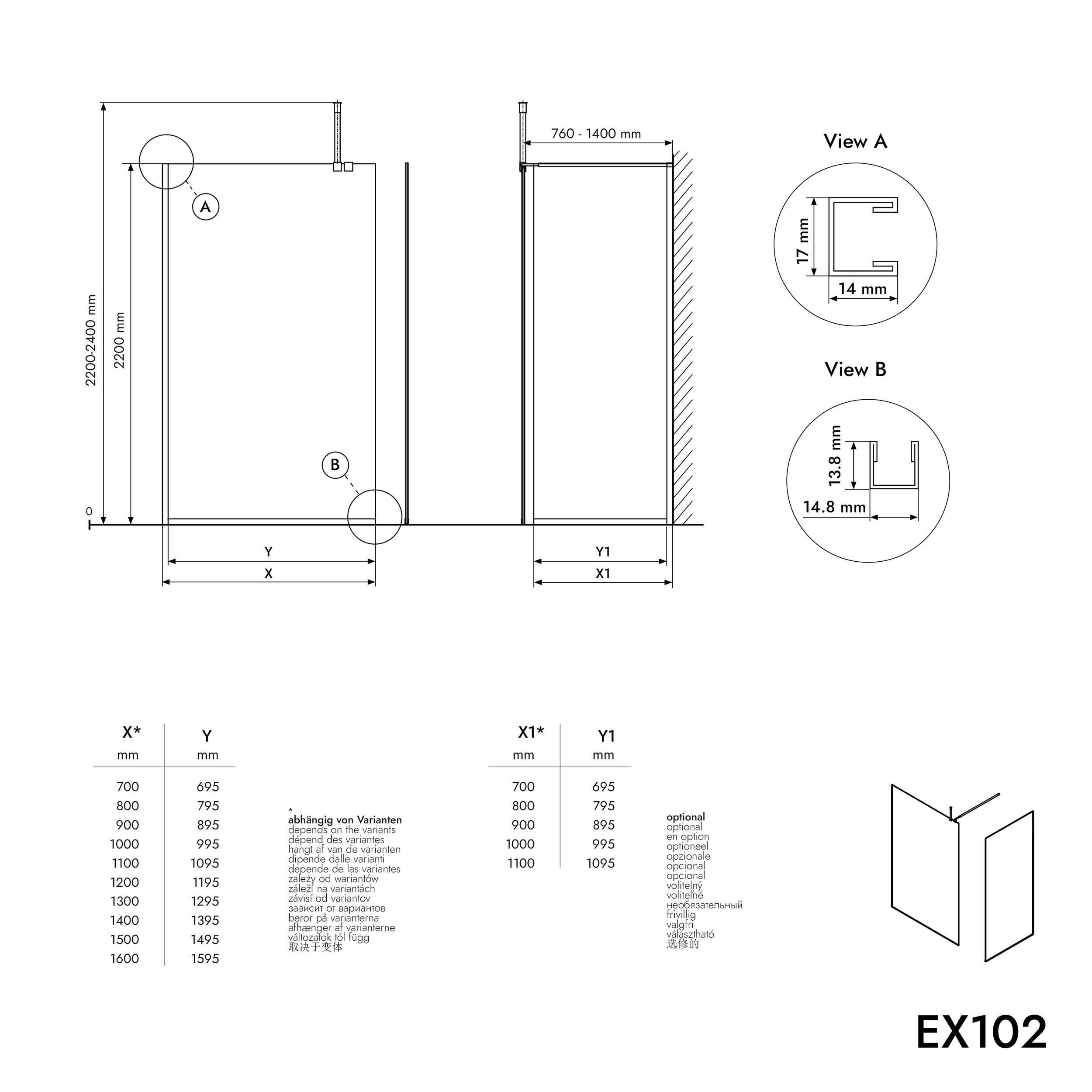 Paroi de douche à l'italienne EX102 - Verre nano 10 mm