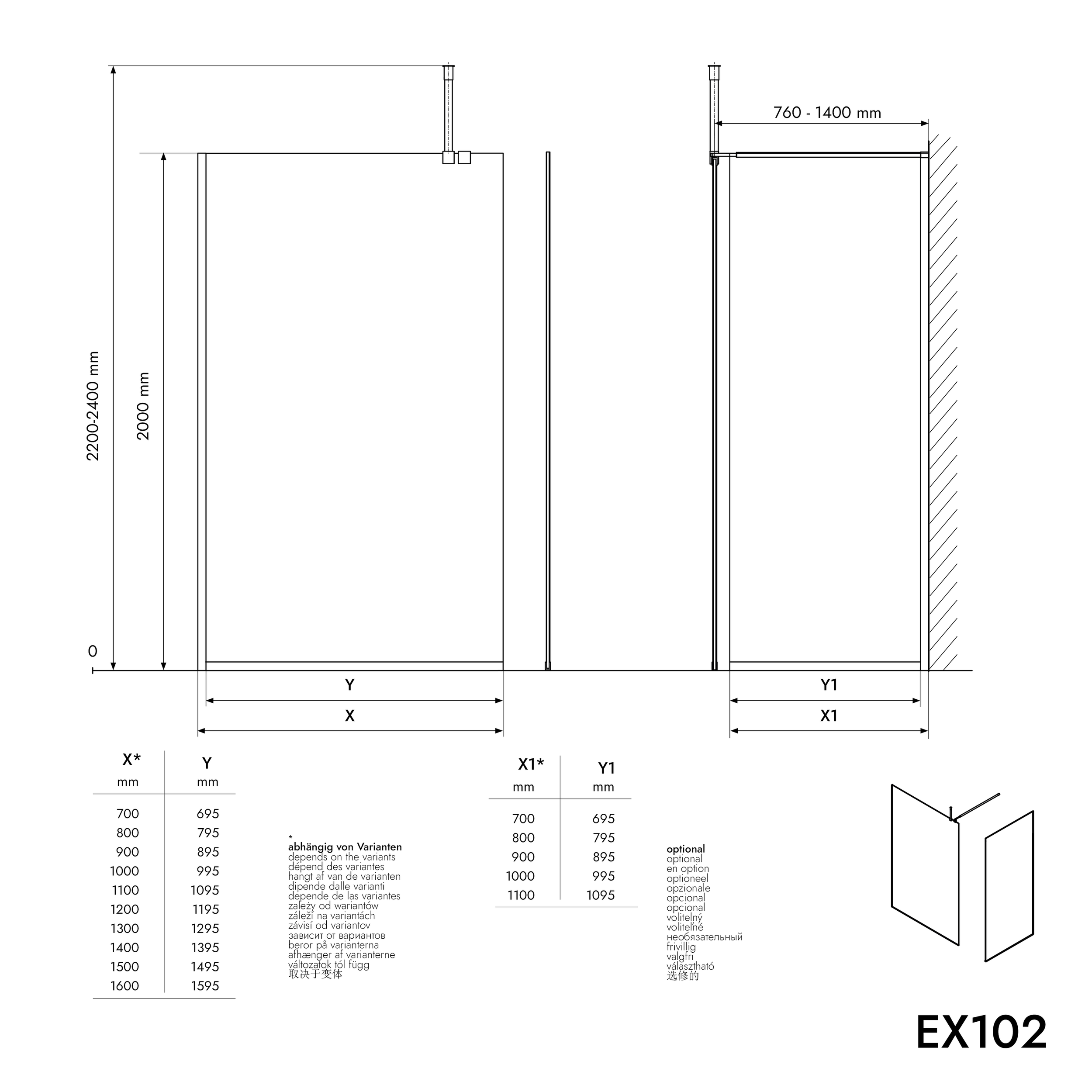 Parois de douche à l'italienne EX102 - Verre nano 10 mm - Profilés en acier inoxydable chromé - largeur au choix