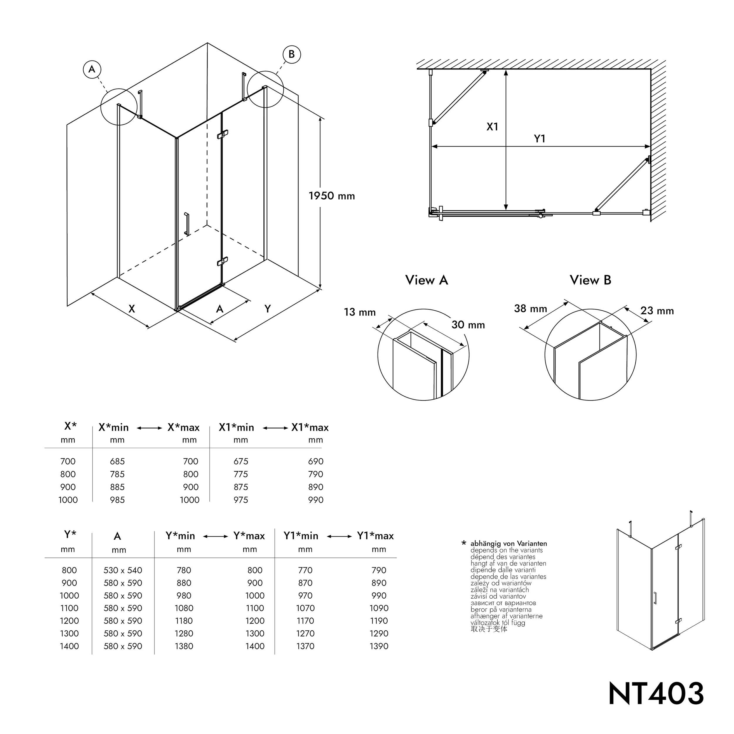 Cabine d’angle avec porte pivotante sur panneau fixe NT403