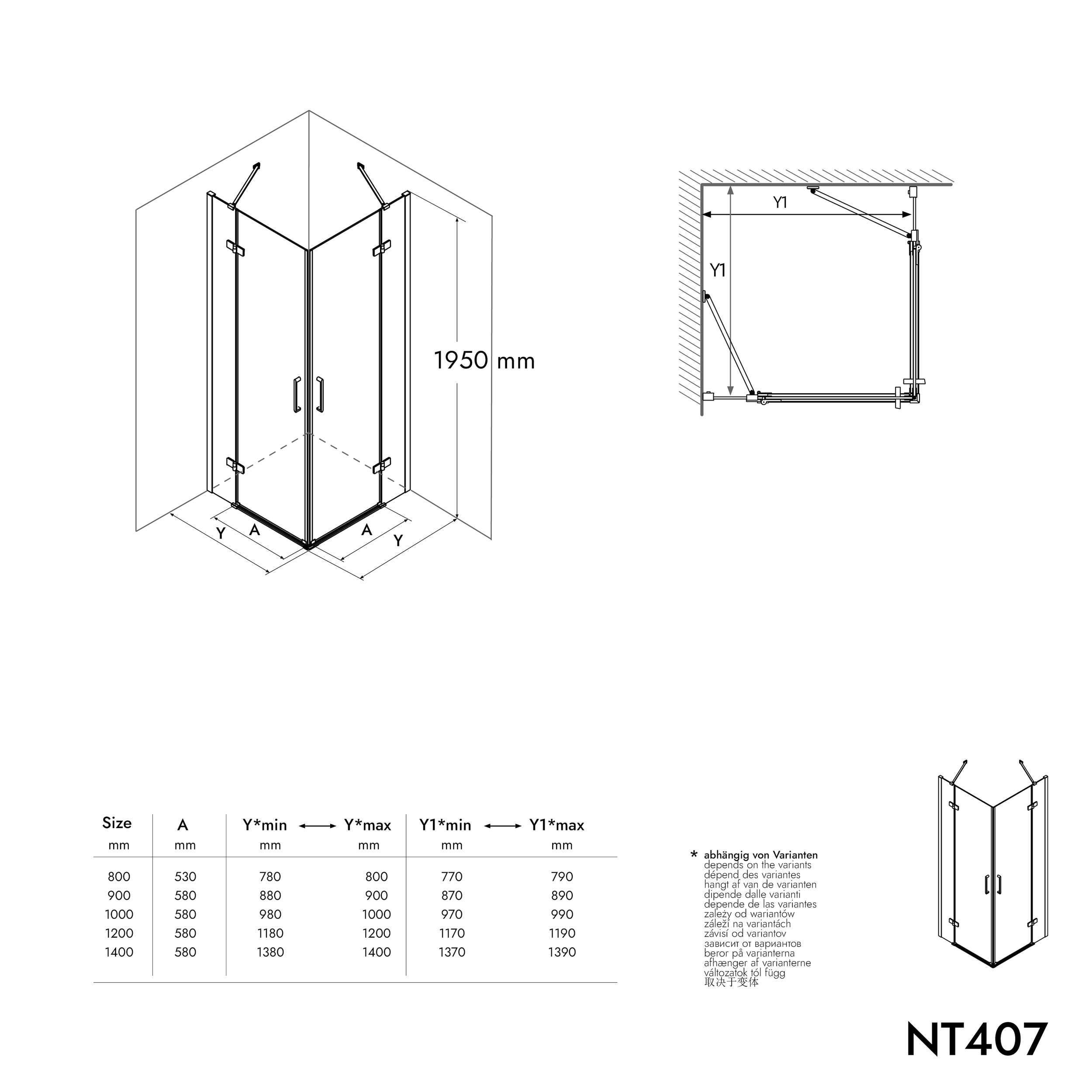 Douche d’angle avec deux portes battantes sur panneau fixe NT407