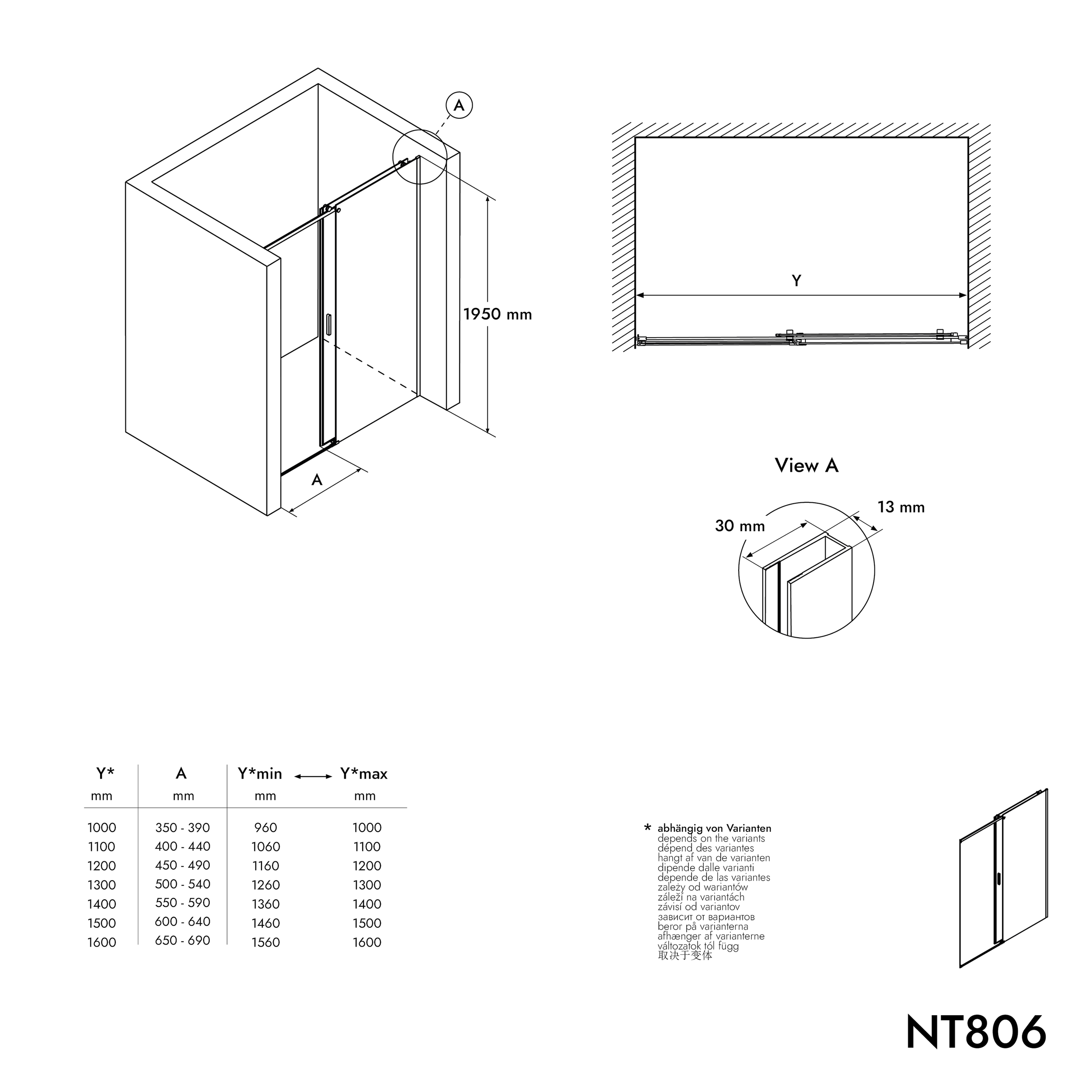Porte de douche en niche coulissante NT806 FLEX Noir mat