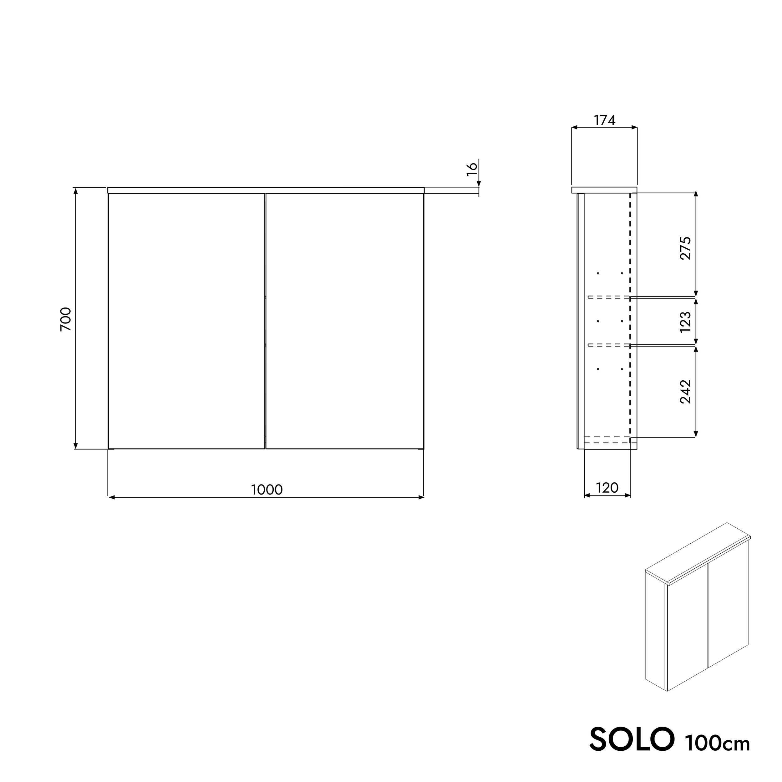 Armoire à miroir SOLO avec éclairage LED - 100 cm - 2 portes - couleur au choix