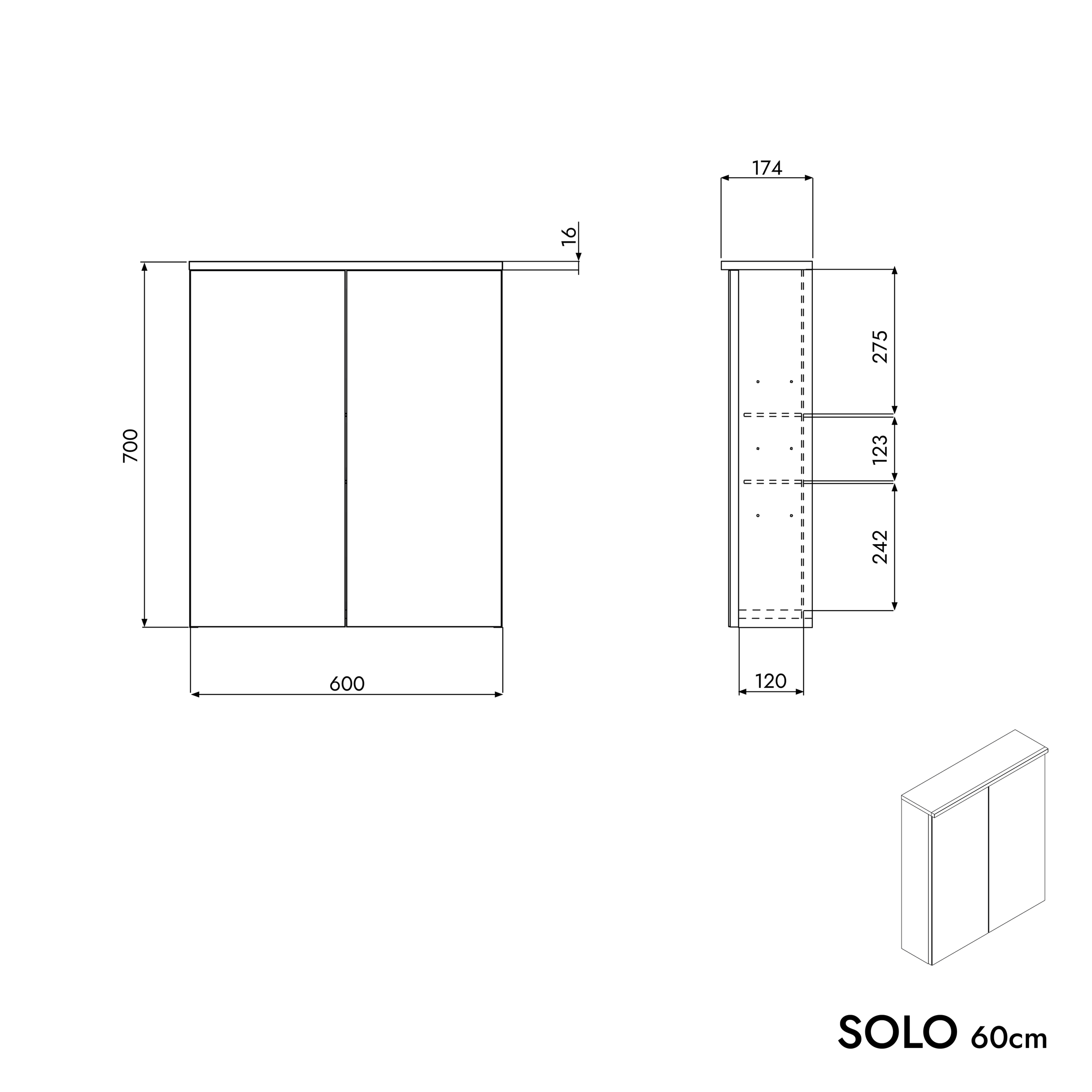 Armoire de toilette SOLO avec éclairage LED - 60 cm - 2 portes - couleur au choix