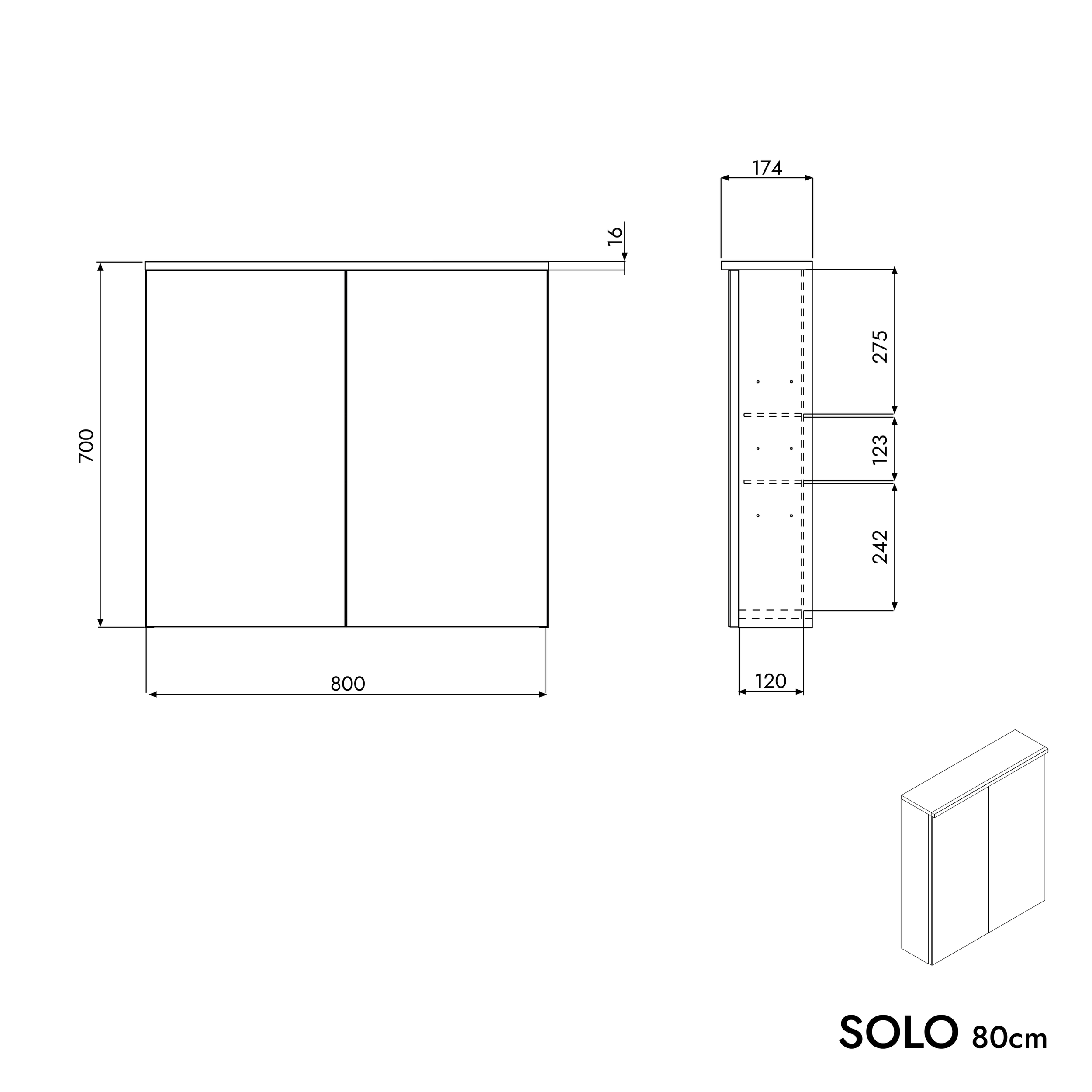 Armoire à miroir SOLO avec éclairage LED - 80 cm - 2 portes - couleur au choix