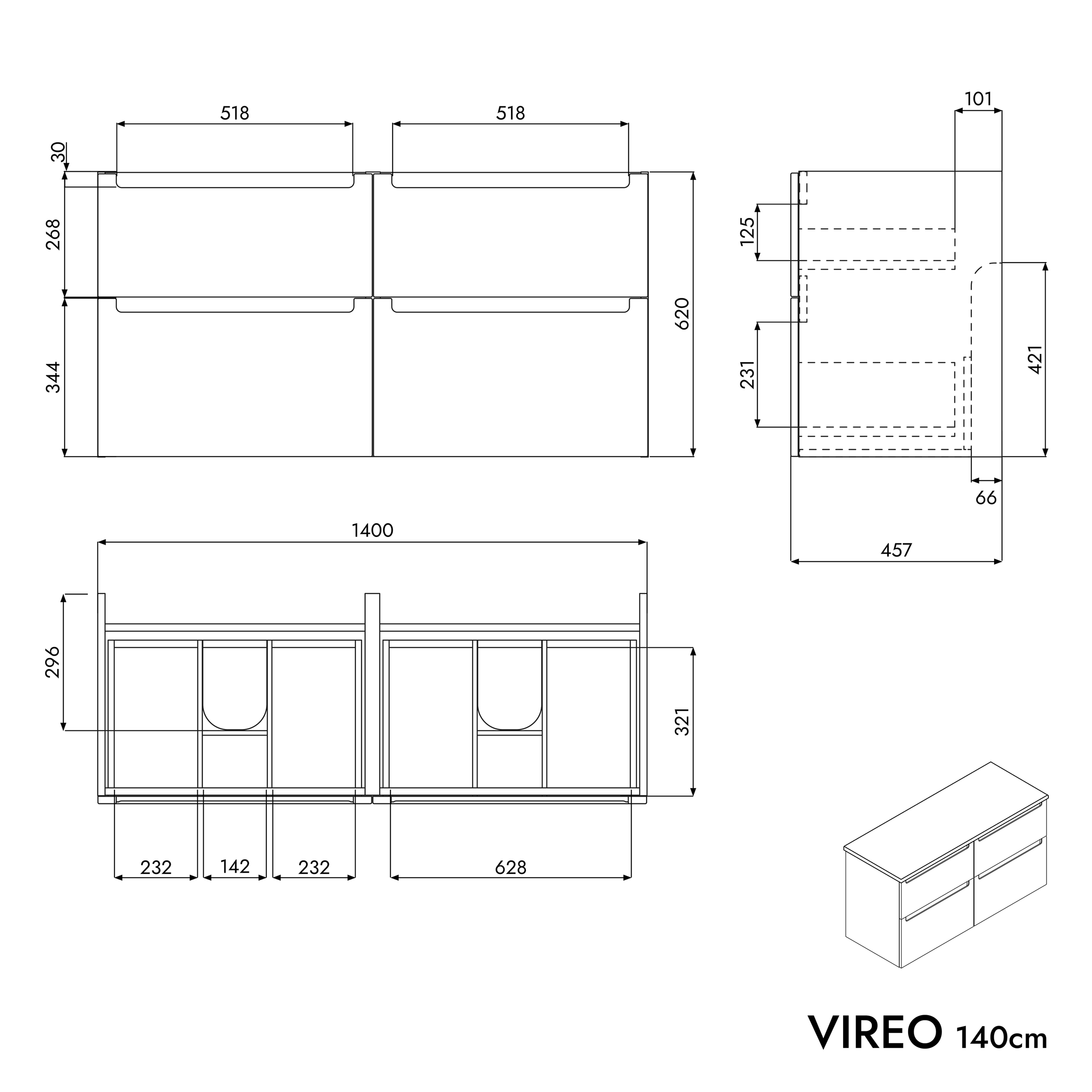 Meuble salle de bain VIREO 140 cm pour vasque à poser - couleurs au choix