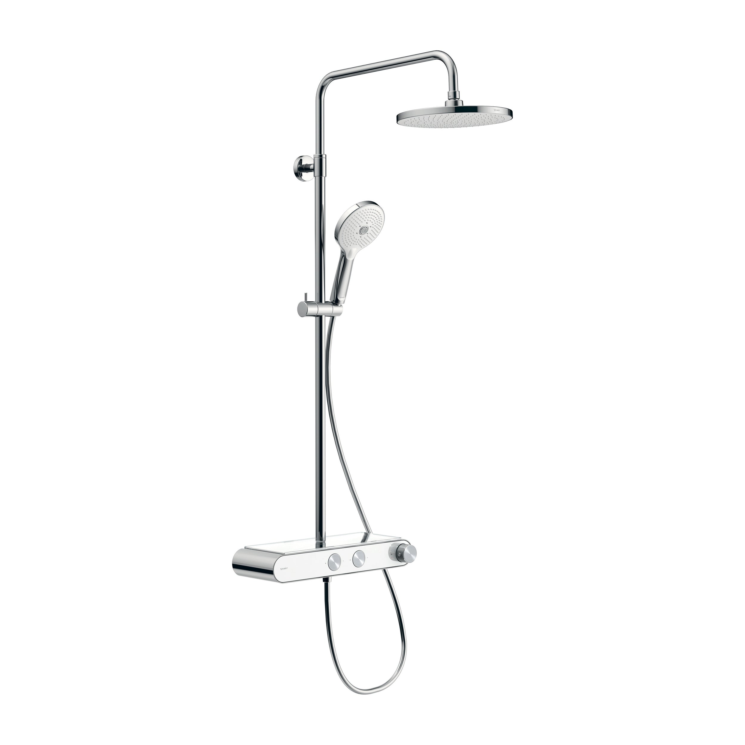 Système de douche Duravit, avec thermostat et tablette en verre, y compris douchette à main avec 3 types de jets - chrome/blanc